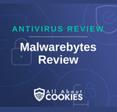 A blue background with images of locks and shields with the text &quot;Malwarebytes Review&quot; and the All About Cookies logo. 