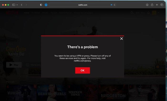 The Netflix error page detecting that the user is using a VPN or a proxy.