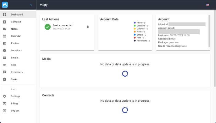 mSpy dashboard showing last actions, account data, account info, media, and contacts.