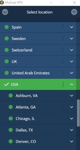 Mullvad's server list isn't the easiest to use since you have to scroll through the entire list to find a location you're looking for. There is no search function.