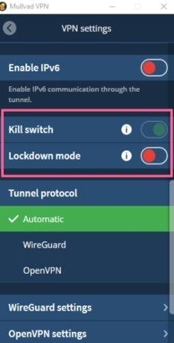 You can find Mullvad's kill switch and Lockdown Mode features in the VPN settings section of its Windows app.