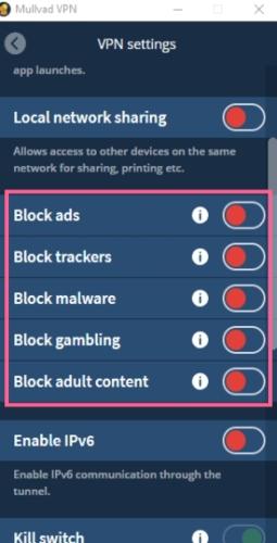 The Mullvad VPN comes with loads of blocking services that allow you to block ads, trackers, malware, gambling sites, and adult content.