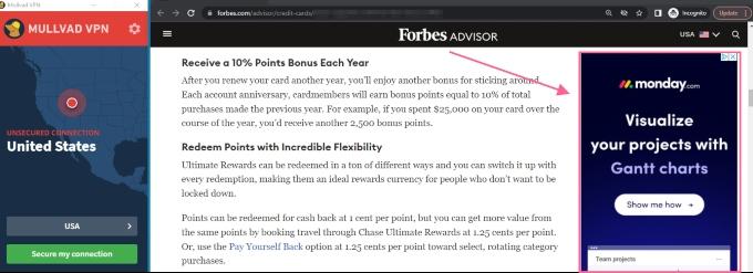 We tested the Mullvad ad blocker on the Forbes site. Without the blocker turned on, we saw plenty of ads on Forbes.