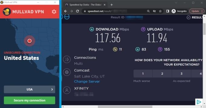 We tested Mullvad VPN speeds — without the VPN turned on, we saw 118 Mbps download speeds, 12 Mbps upload speeds, and 11 ms latency.