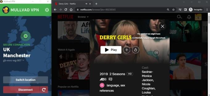 An open screen for Netflix alongside Mullvad VPN connected to a UK server.