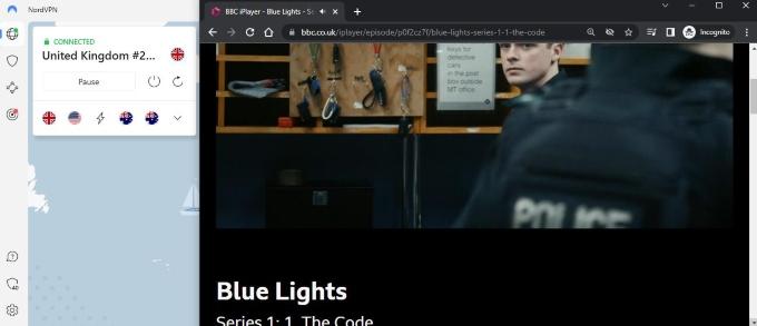 An open screen for BBC iPlayer alongside NordVPN connected to a UK server.