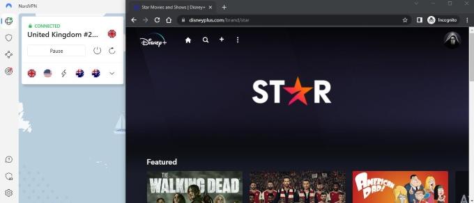 An open screen for Star content on Disney+ alongside NordVPN connected to a UK server.