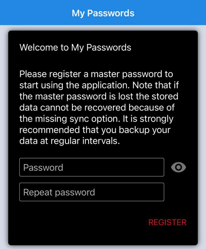 My Passwords prompting you to register a master password.