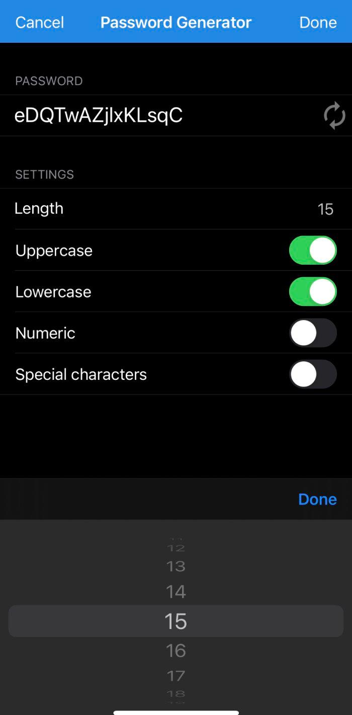 My Passwords's password generator with settings for length, uppercase, lower, case, numeric, and special characters.