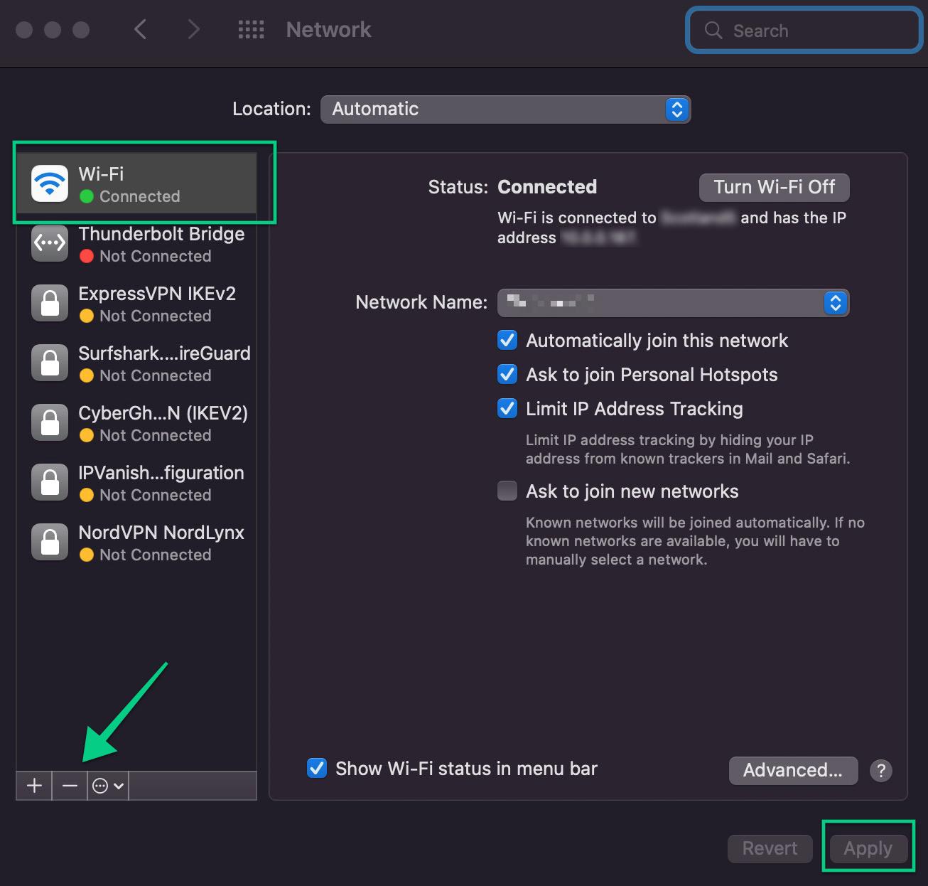 A screenshot of the Mac Network settings page. The Wi-Fi connection is selected and a green arrow is pointing to the minus sign to show how you can reset your network settings on a Mac.