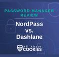 A blue background with images of locks and shields with the text &quot;Password Manager Review NordPass vs. Dashlane&quot; and the All About Cookies logo. 