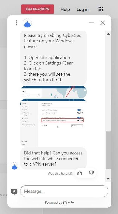 A screenshot of the NordVPN chatbot and its step-by-step walkthrough to troubleshoot an issue.