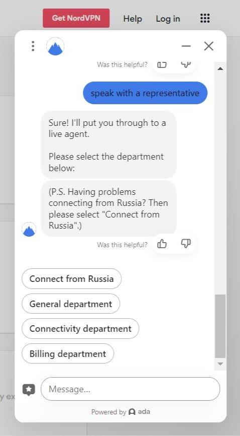 A screenshot of our chat with the NordVPN chatbot and using "speak with a representative" to connect to a real person.