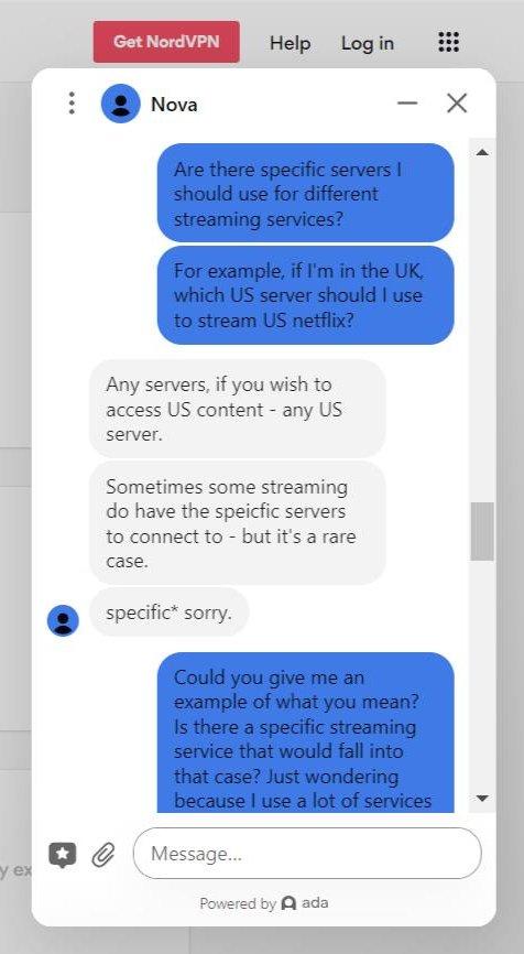 A screenshot of our chat with a NordVPN customer support rep who said any US server should work to access US streaming content.