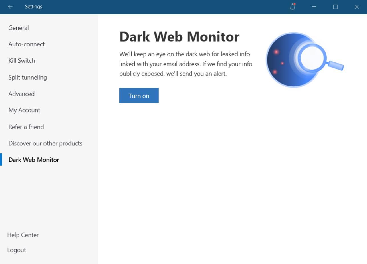 A screenshot of the NordVPN dark web monitor feature, which scouts the internet for info linked with your email address and alerts you if anything is found.