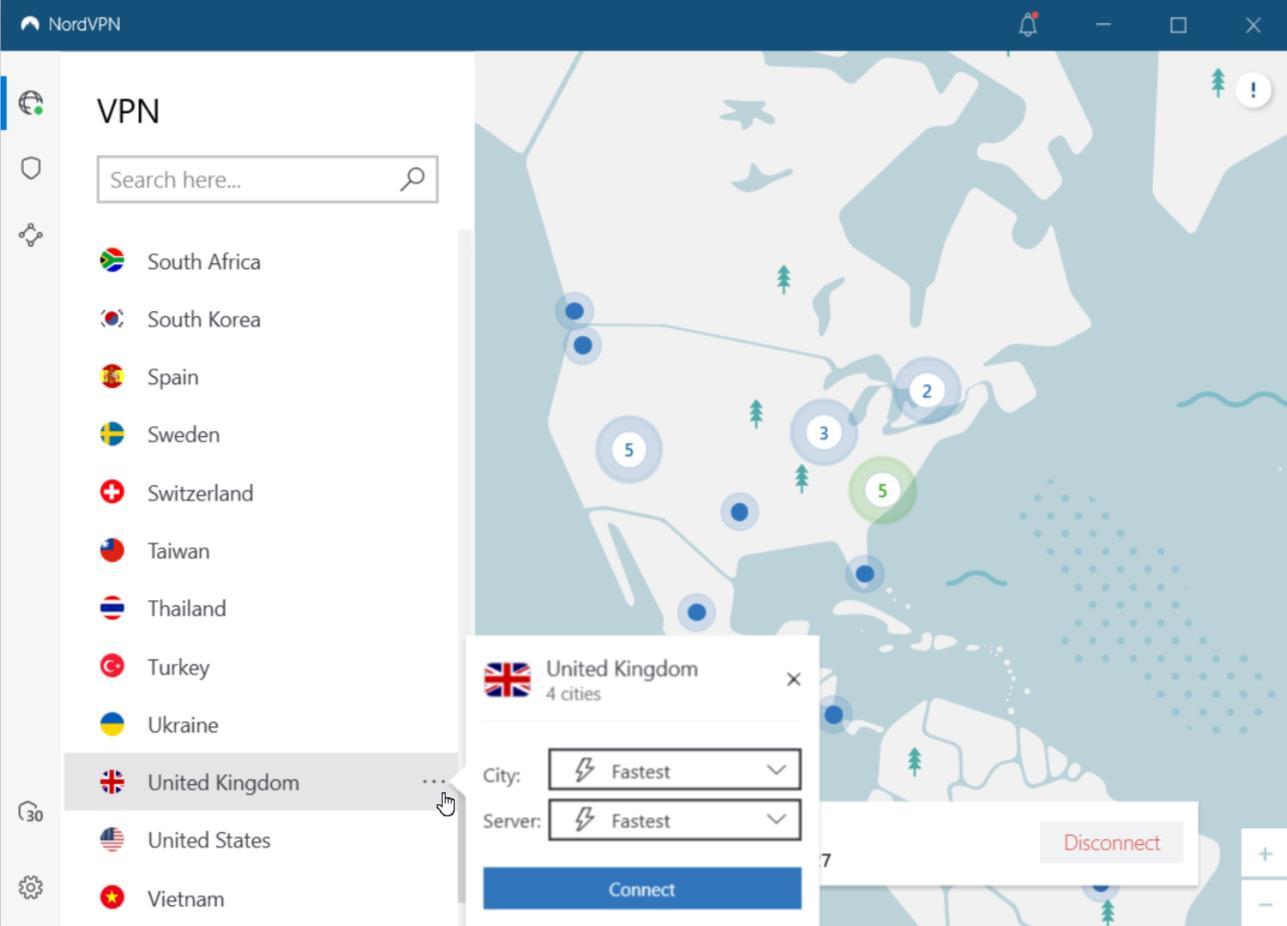 A screenshot of the NordVPN server list, showing a partial list of countries, including South Africa, South Korea, Spain, and Sweden, as well as a map of the United States.