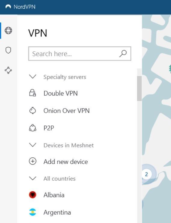 A screenshot of the NordVPN server list showing the specialty servers: Double VPN, Onion Over VPN, and P2P.
