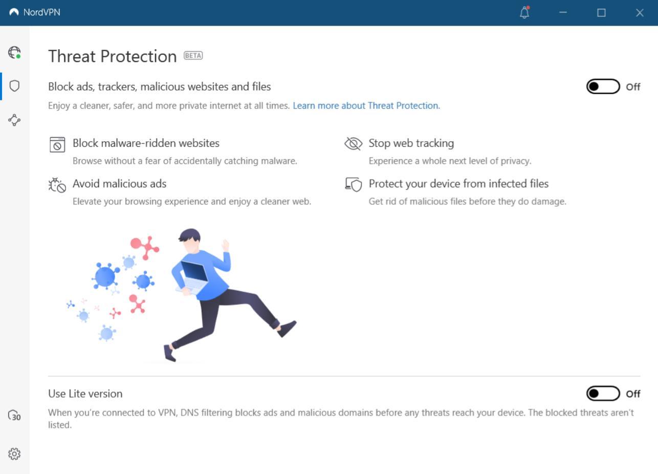 A screenshot of the NordVPN threat protection feature, which blocks ads, trackers, malicious files and malicious sites.