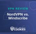 A blue background with images of locks and shields with the text &quot;VPN Review NordVPN vs. Windscribe&quot; and the All About Cookies logo. 