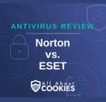 A blue background with images of locks and shields with the text &quot;Antivirus Review Norton vs. ESET&quot; and the All About Cookies logo. 