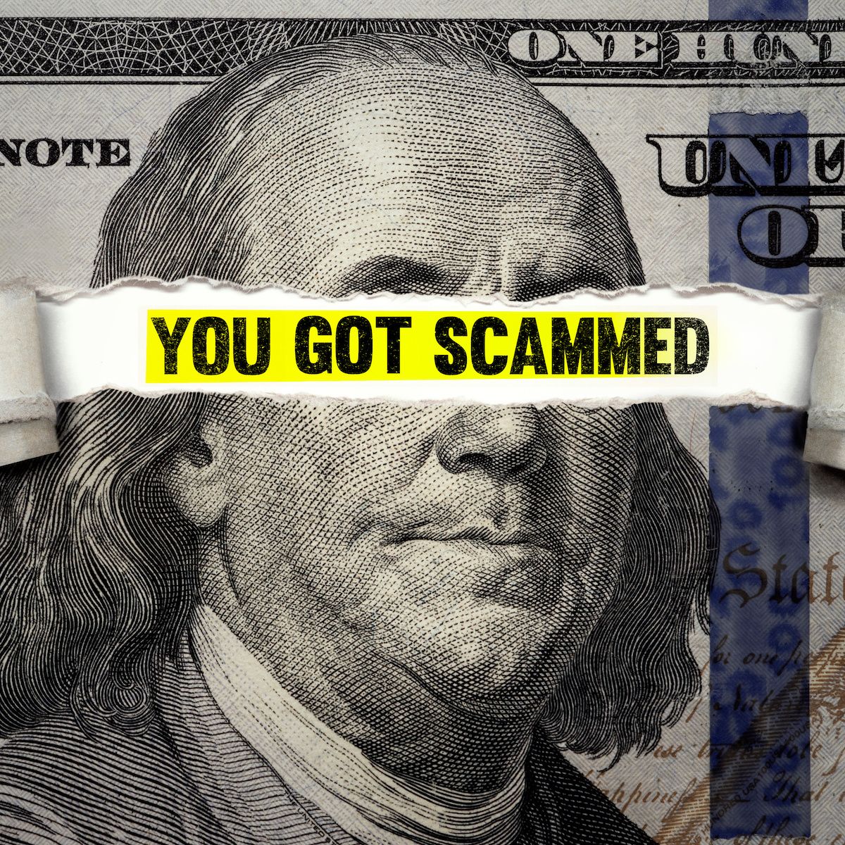 A U.S. $100 dollar bill shows Ben Franklin&#x27;s face torn open to show the words, &quot;You got scammed&quot; as a reference to how online shopping fraud increases over the holidays.