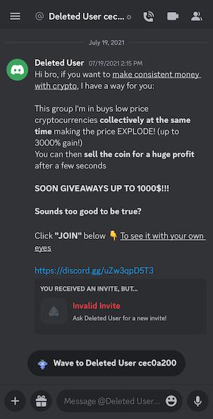 An example of a crypto scam sent by DM on Discord.