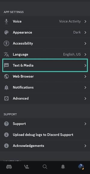 To hide image and video previews in Discord, first go to the Text & Media section of your Settings.