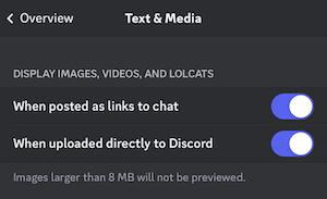 To block image and video previews, toggle off "When posted as links to chat" and "When uploaded directly to Discord."