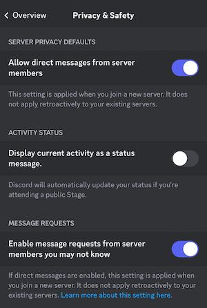 You can limit who can send your child messages in Discord by toggling off "Allow direct messages from server members" and "Enable message requests from server members you may not know."