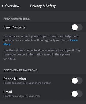 You may also want to toggle off Sync Contacts and remove the ability for others to send your child friend requests using their phone number or email.