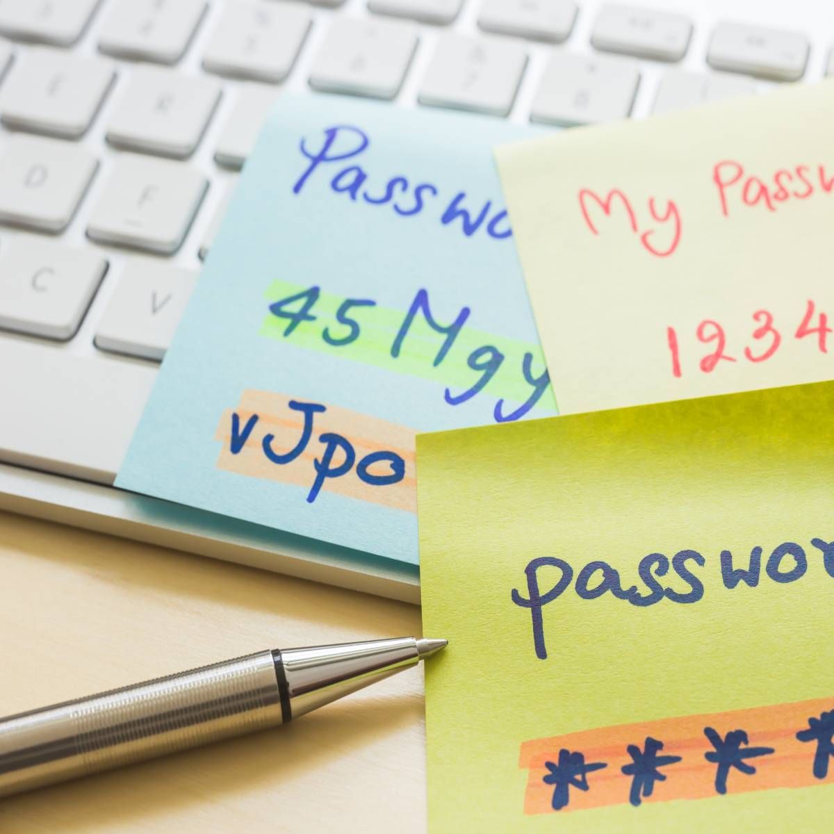 A set of three sticky notes lie on top of a computer keyboard with several passwords written on them