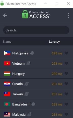PIA VPN servers with high latency have their ping listed in orange next to the server location.