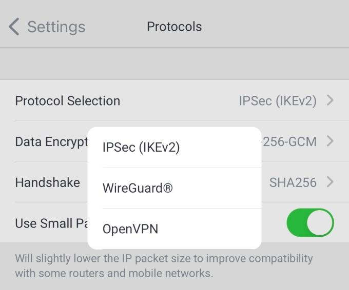 We didn't see IKEv2/IPsec in our PIA Windows app, but it was available in the iOS app.
