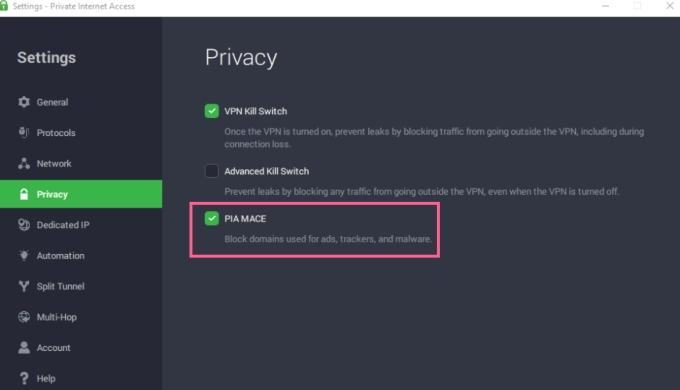 Private Internet Access's MACE feature helps block ads, trackers, and malware.