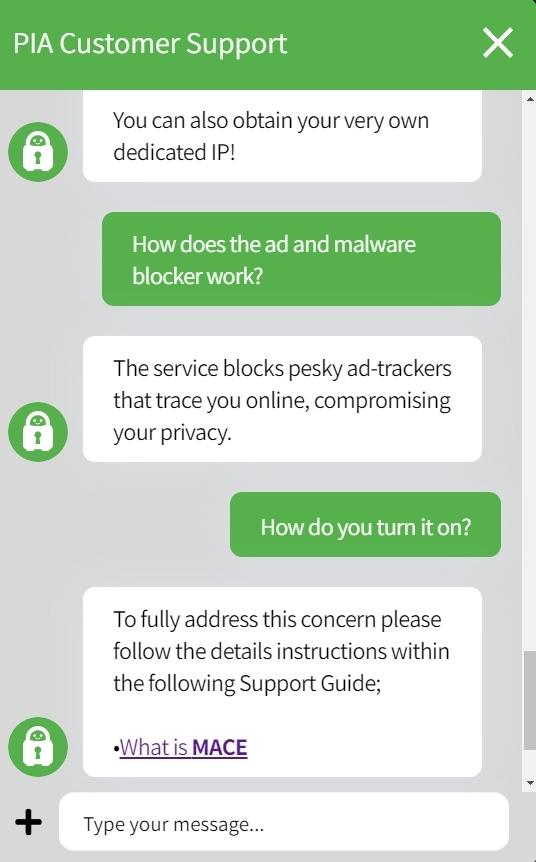 Our PIA customer support agent didn't seem to know how to turn on the MACE ad blocker or how it worked.
