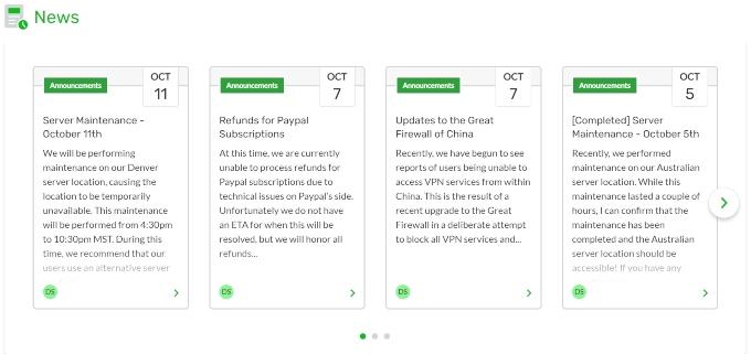 PIA's support portal includes news and updates about changes to the PIA VPN and features, including server maintenance announcements.