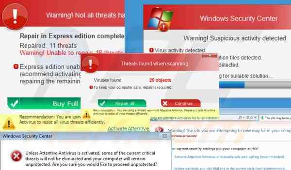 A screenshot of several malicious pop-up ads posing as an antivirus alert