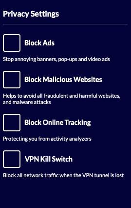 A screenshot of VeePN privacy settings with a check box feature next to each, including block ads, block malicious websites, block online tracking, and VPN kill switch.