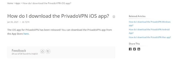 Tthe article for downloading the PrivadoVPN iOS app doesn’t do much more than give you a link to the applicable App Store page.