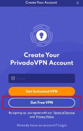 We also found a button to get the free plan after downloading the PrivadoVPN Windows app and selecting the option to create an account.