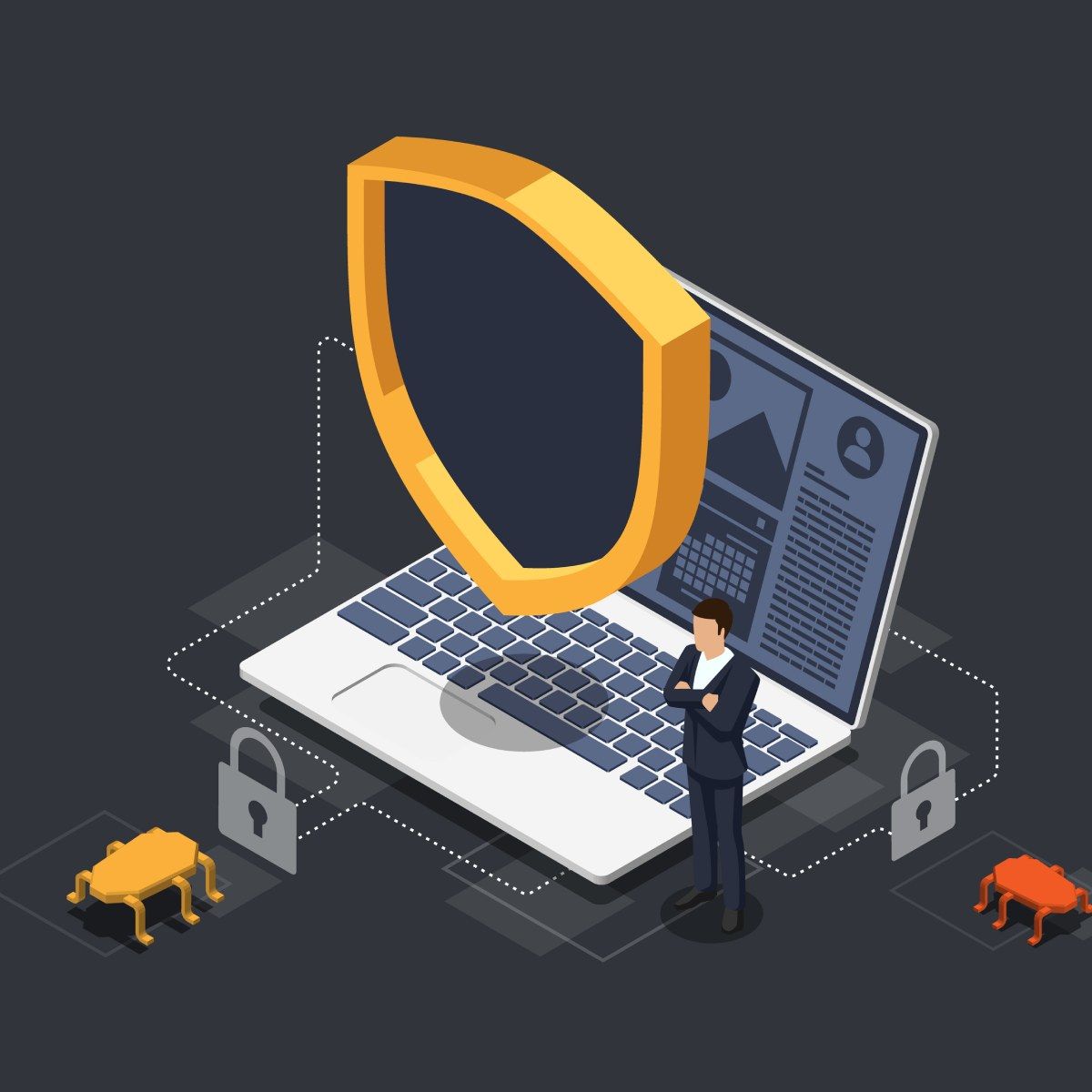 An illustration of an open laptop with a yellow and black shield floating above it while bugs try to attack it