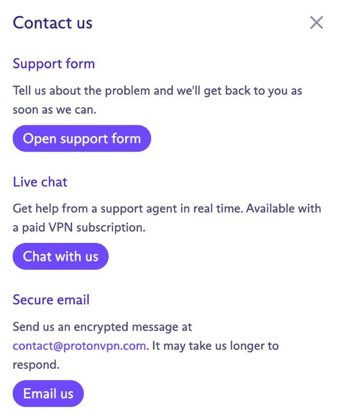Proton VPN's customer support options via live chat, email, or support form.