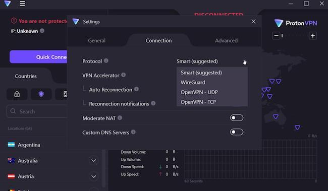 Screenshot of ProtonVPN connection settings.