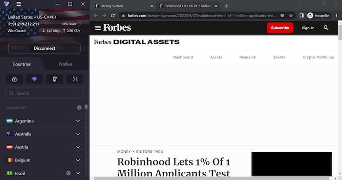 We turned on Proton VPN's NetShield feature and it successfully blocked ads on the Forbes site, leaving only an empty white space behind.