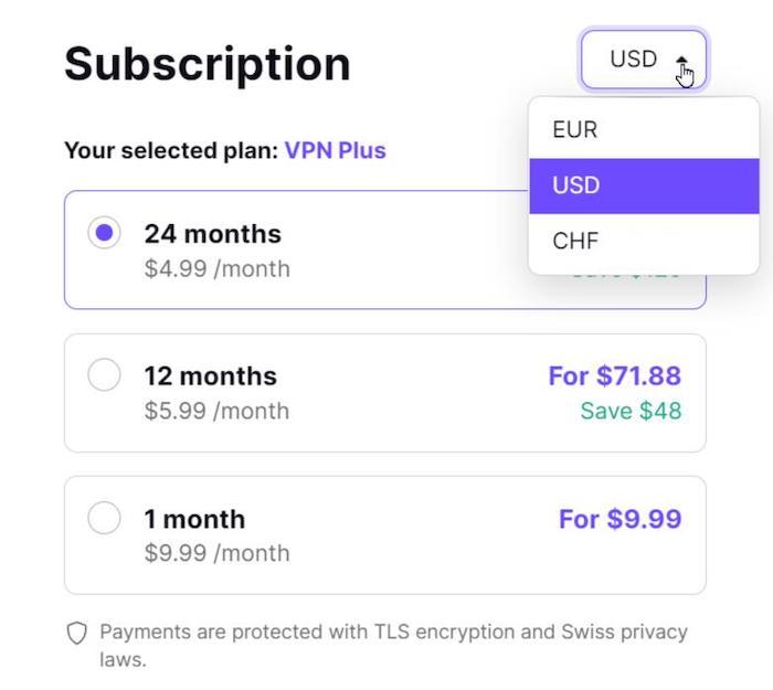 When paying for Proton VPN, you can choose US dollars, Swiss francs, or euros.