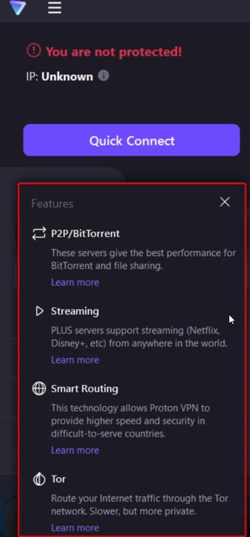 Proton VPN offers many different types of servers, including P2P/Torrent, streaming, smart routing (optimized for speed and security), and Tor.
