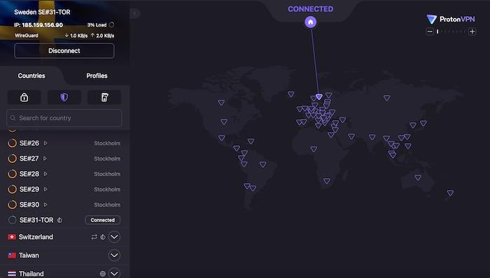 ProtonVPN's paid plans come with Onion over VPN servers in locations like Sweden and Switzerland.