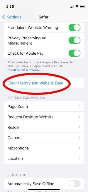 iPhone screen showing location of button to clear history and website data in Safari