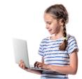 A young, blonde-haired girl stands holding a silver laptop to represent young children using the internet and social media