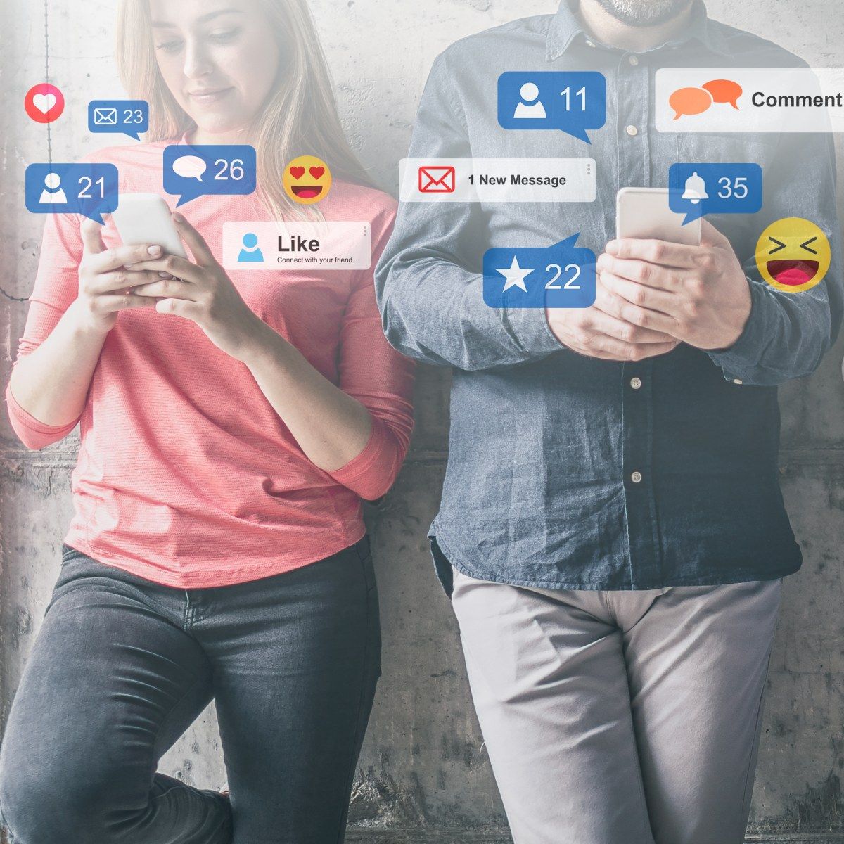 A woman in a pink shirt stands next to a man in a denim shirt as they both scroll through social media on their cell phones while social media notifications pop up around them